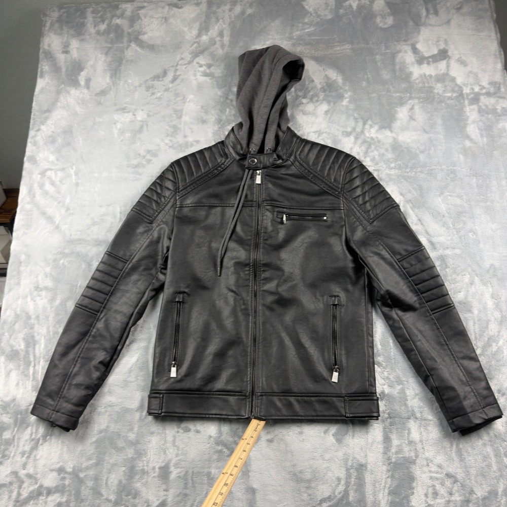 Guess Mens Faux Leather Biker Jacket Black Detachable Hood Moto Quilted Small